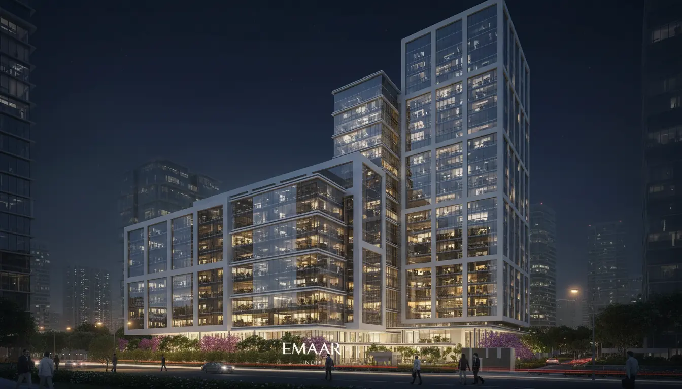 AI-assisted commercial architecture concept showing the Emaar India Business Centre at night
